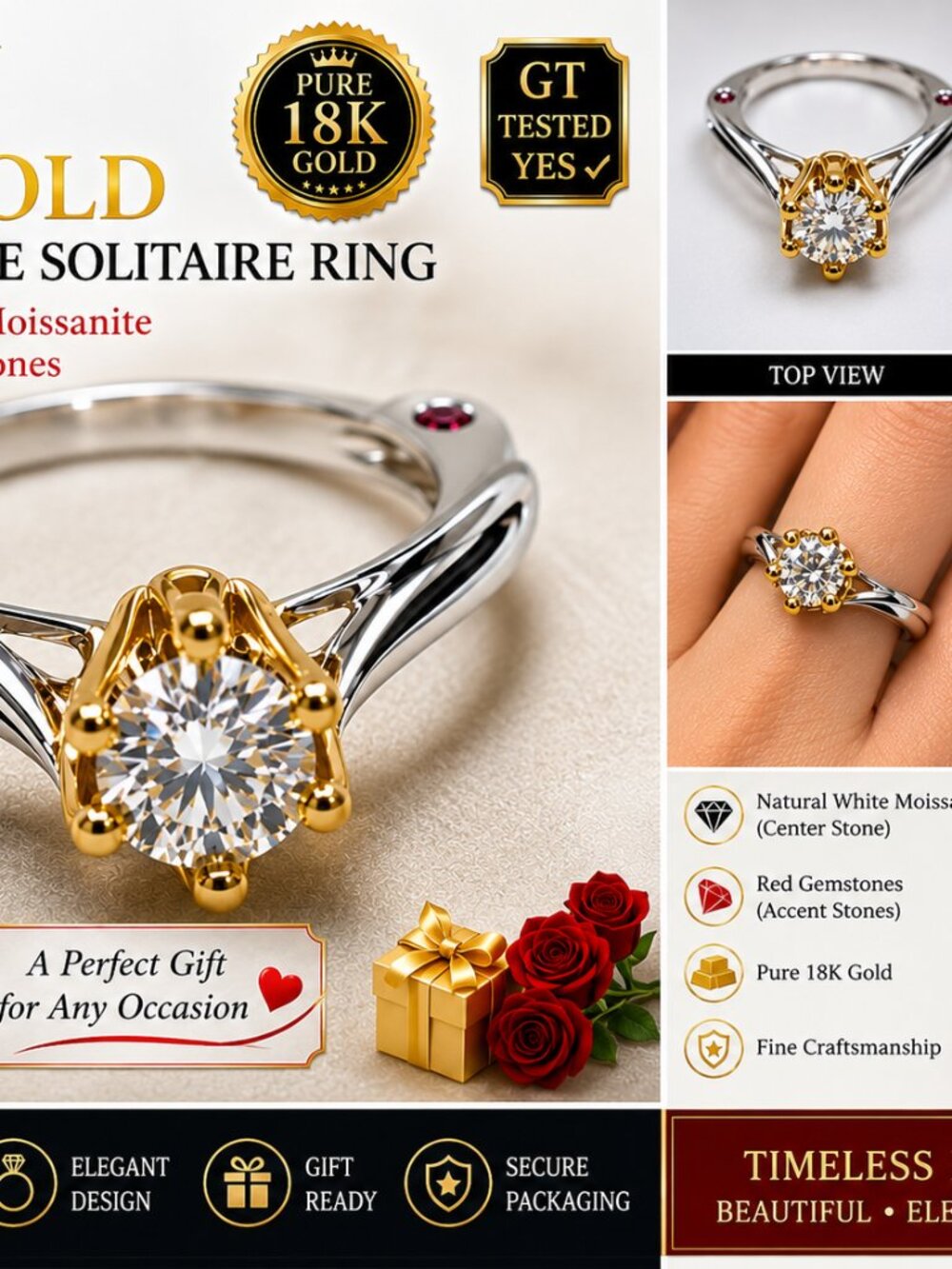 Ring-33-18K-N-M-6--18K Gold Moissanite Natural Stone Ring Size 7